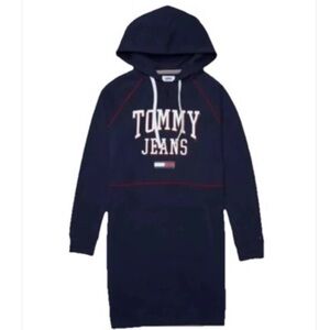 Tommy Hilfiger Navy Hoodie with White Drawstrings and Red Accent Logo